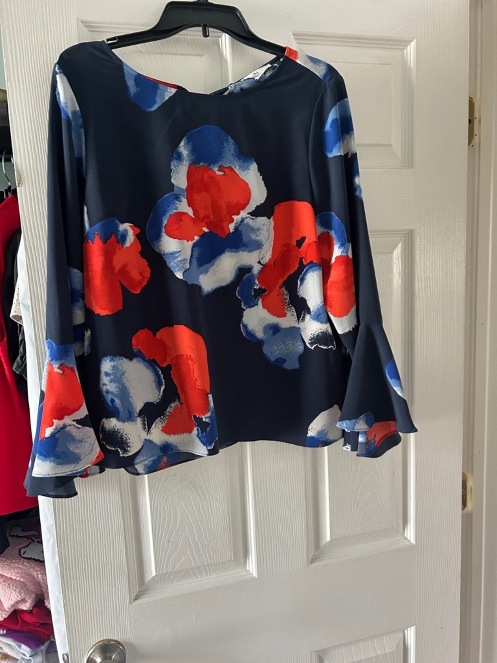 Halston Heritage Navy Blouse with Red & Blue Floral Print with bell sleeves